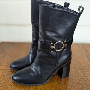 Napoleoni Women’s Black Leather Mid-Calf Boots Gold Buckle Made in Italy EU 38